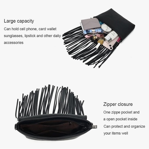 Black Fringe Crossbody Bag with 2 different guitar style straps - Picture 4 of 15